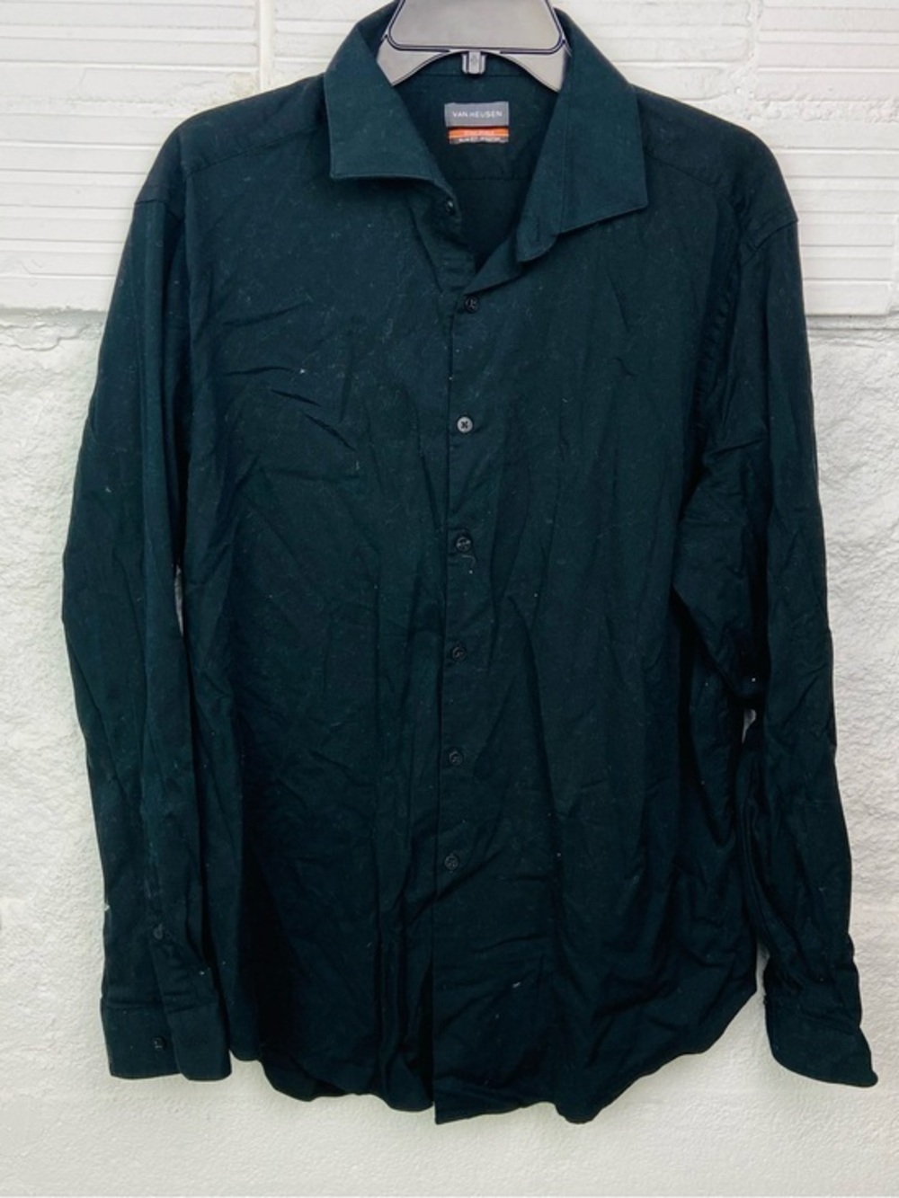 Van Heusen stain shield slim fit stretch Black Long-Sleeve Button-Up Shirt SZ XL